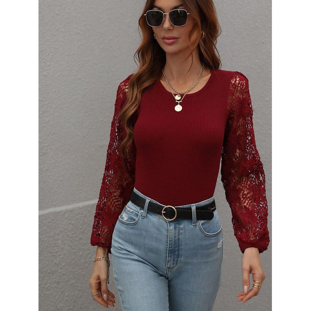 Scoop Neck Lace Long Sleeve Top