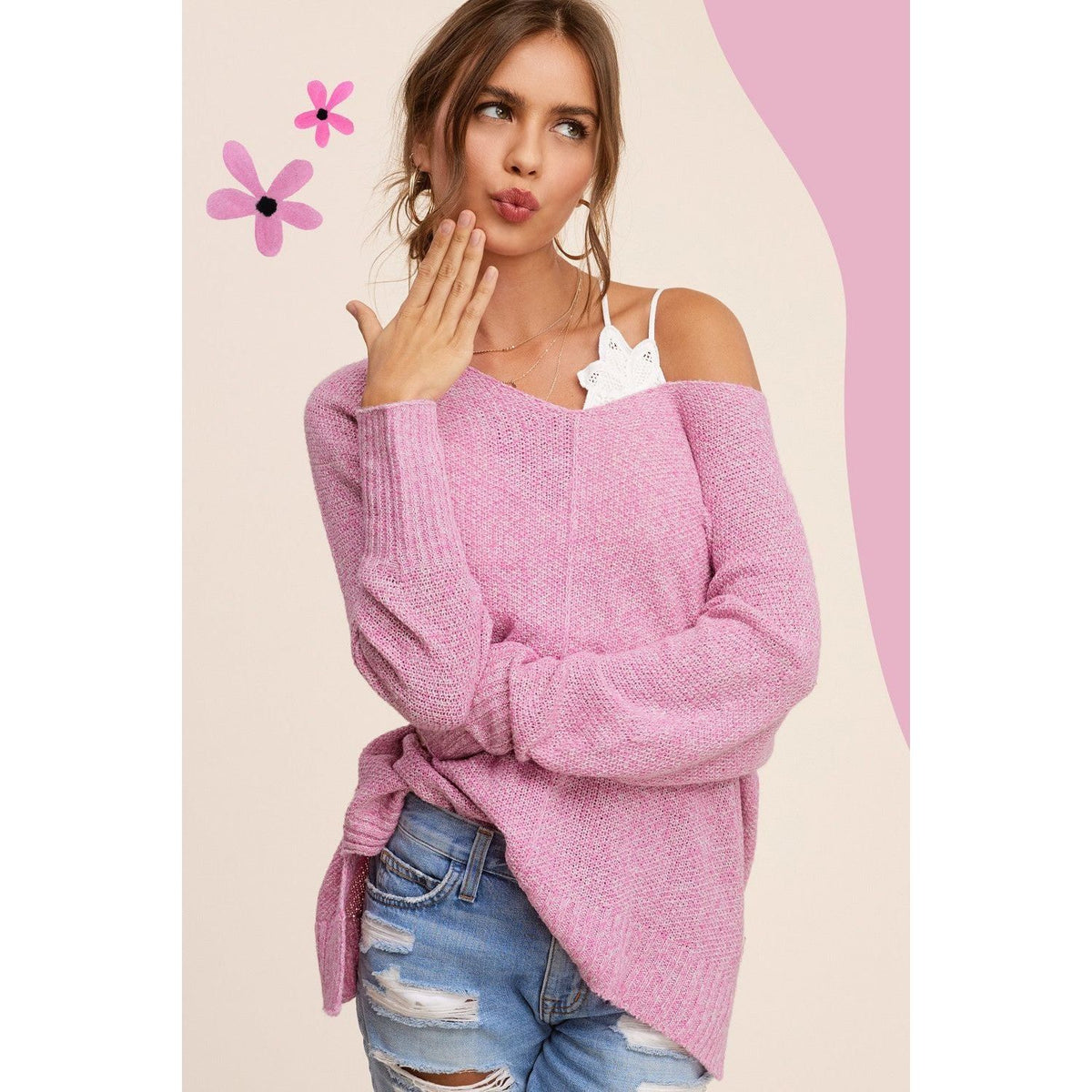 Light Gray Leena Periwinkle Knit Crew Neck Sweater