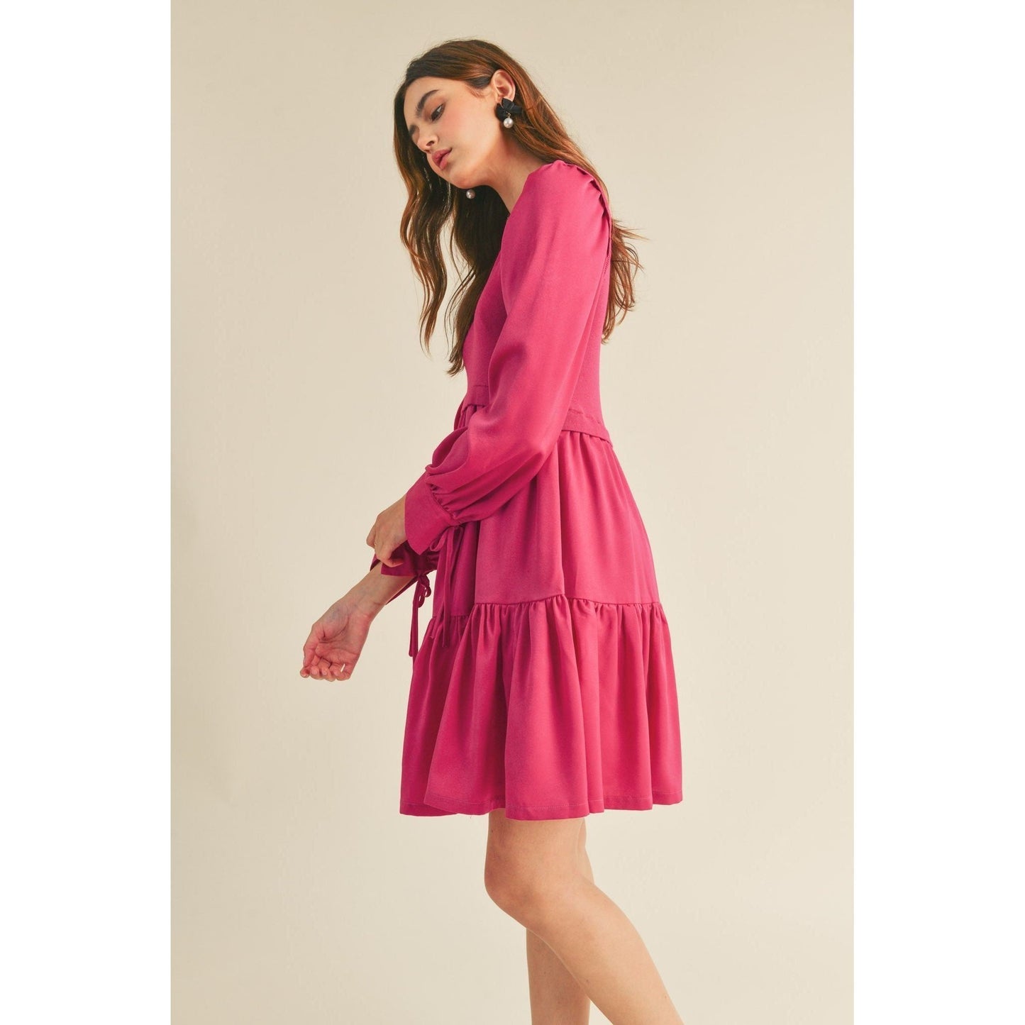 Knit Bodice Satin Mini Dress, Magenta