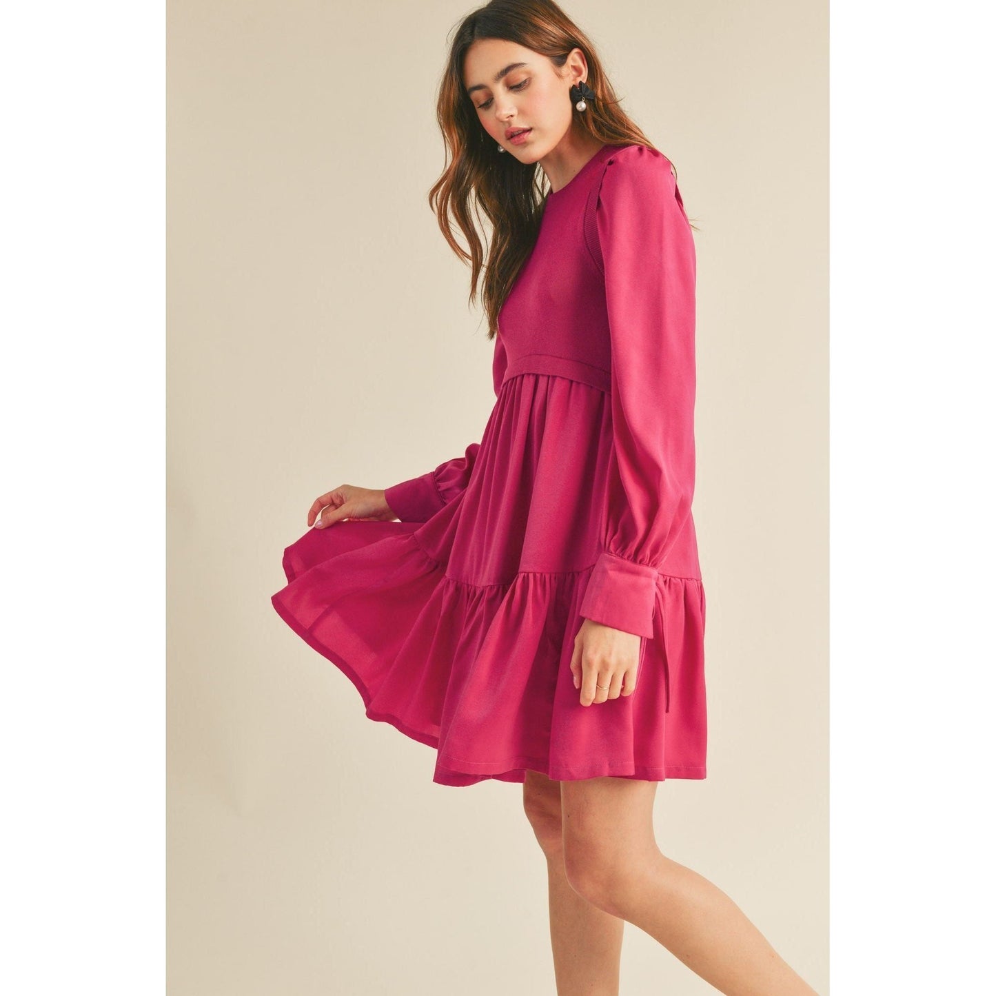 Knit Bodice Satin Mini Dress, Magenta