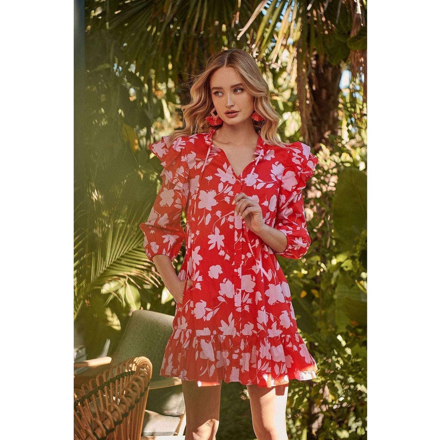 The Sammy Red Pink Floral Drop Waist Dress