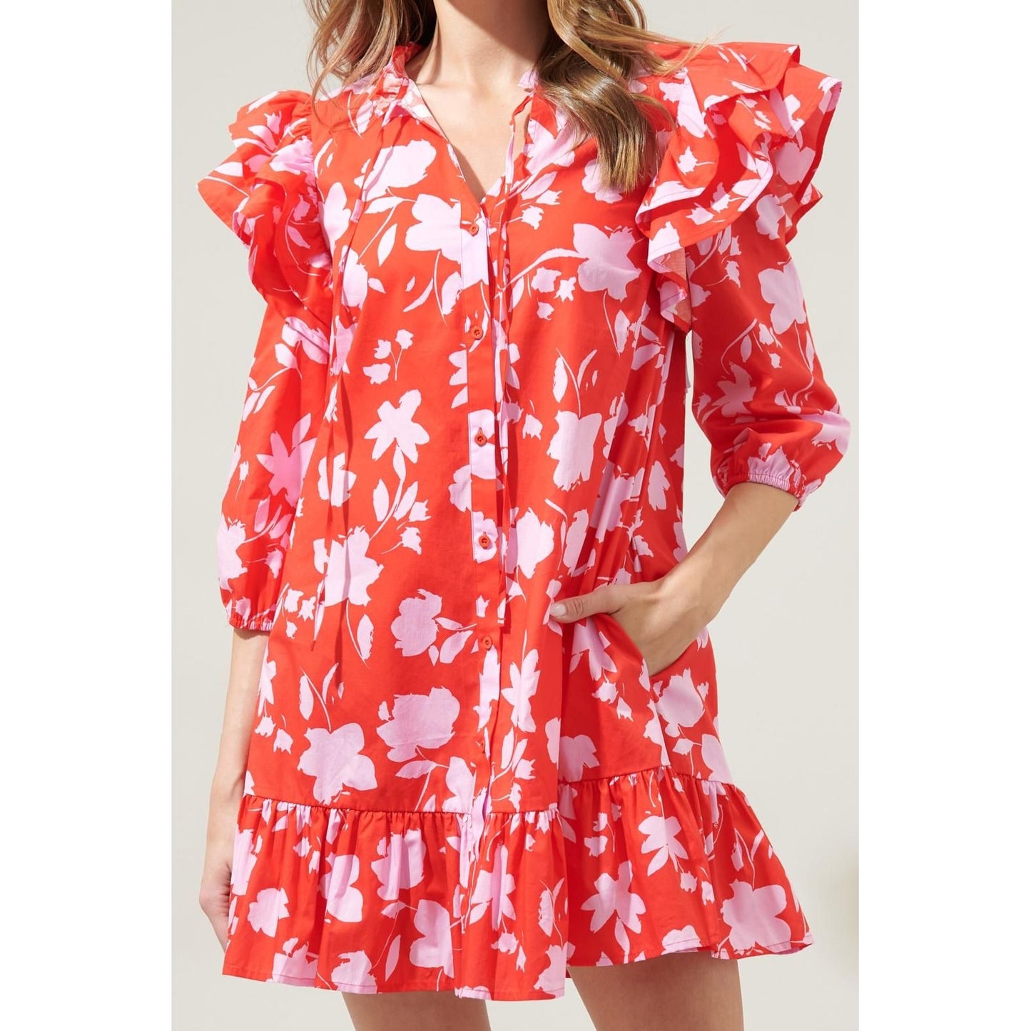 The Sammy Red Pink Floral Drop Waist Dress