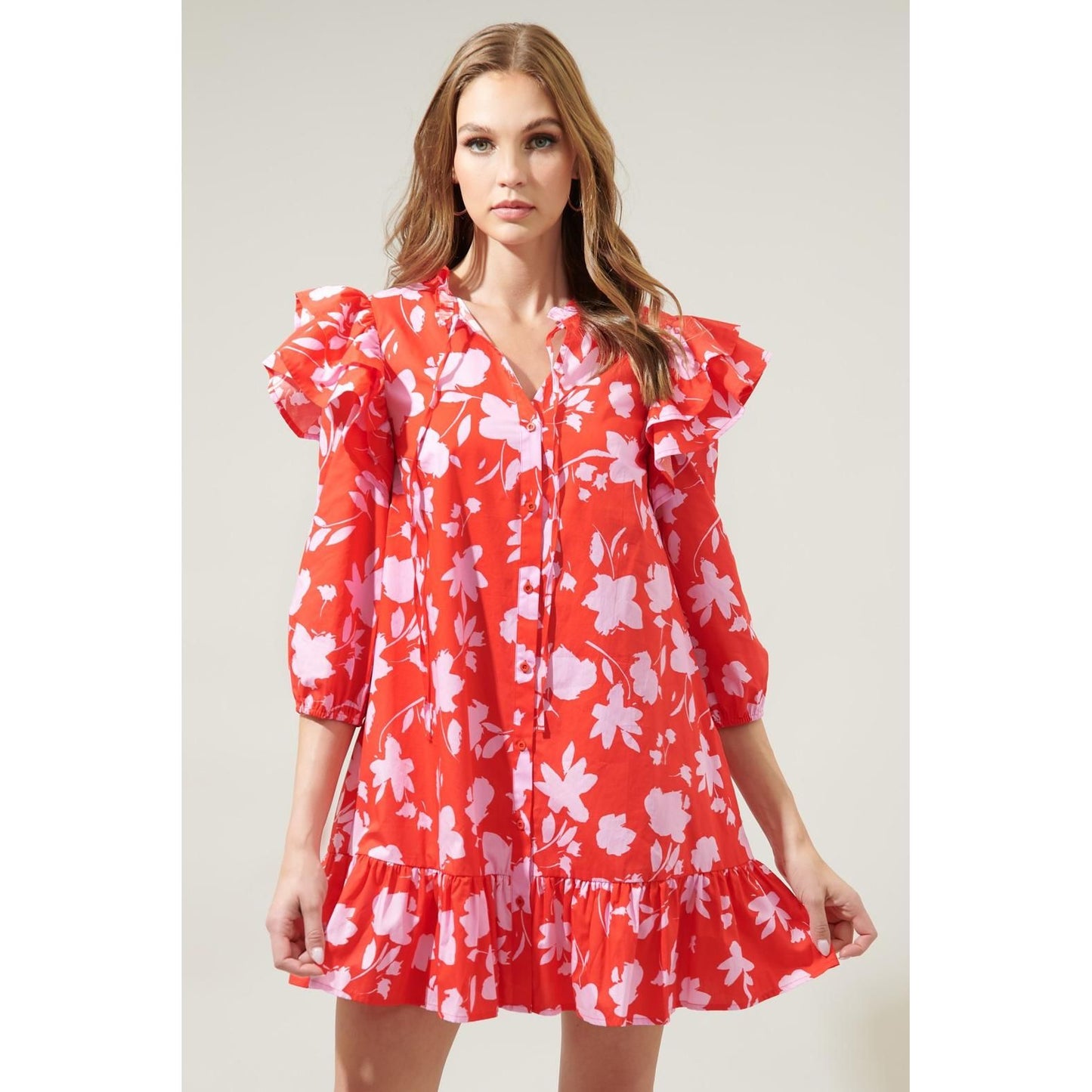 The Sammy Red Pink Floral Drop Waist Dress