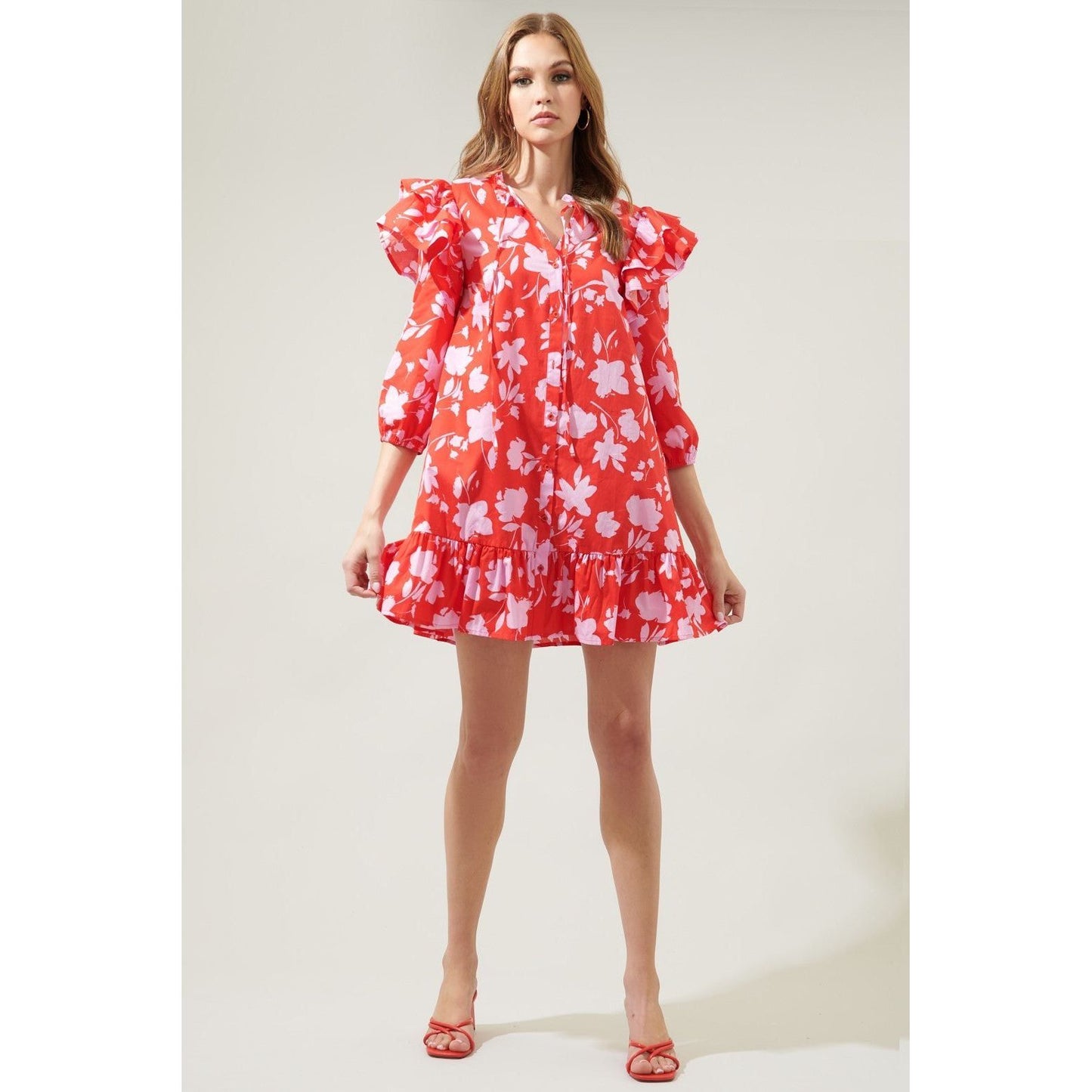 The Sammy Red Pink Floral Drop Waist Dress