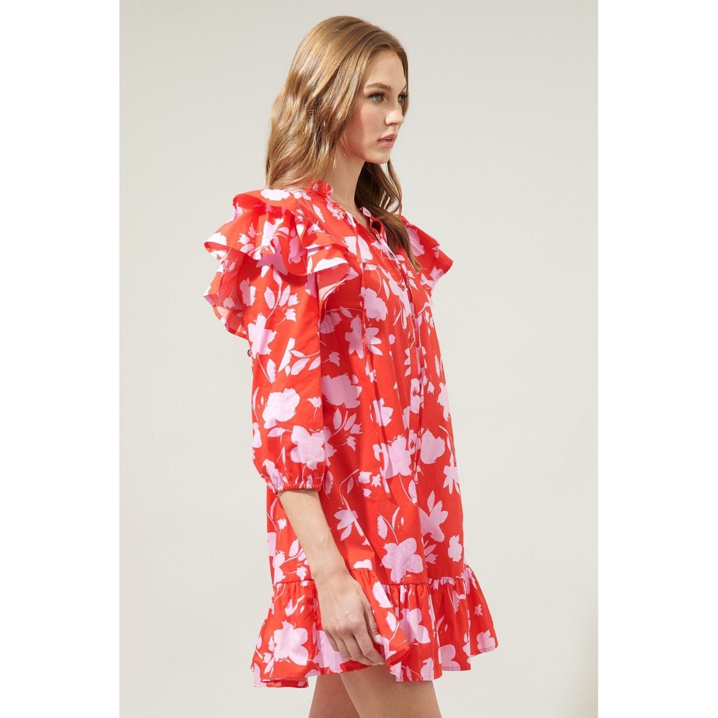 The Sammy Red Pink Floral Drop Waist Dress