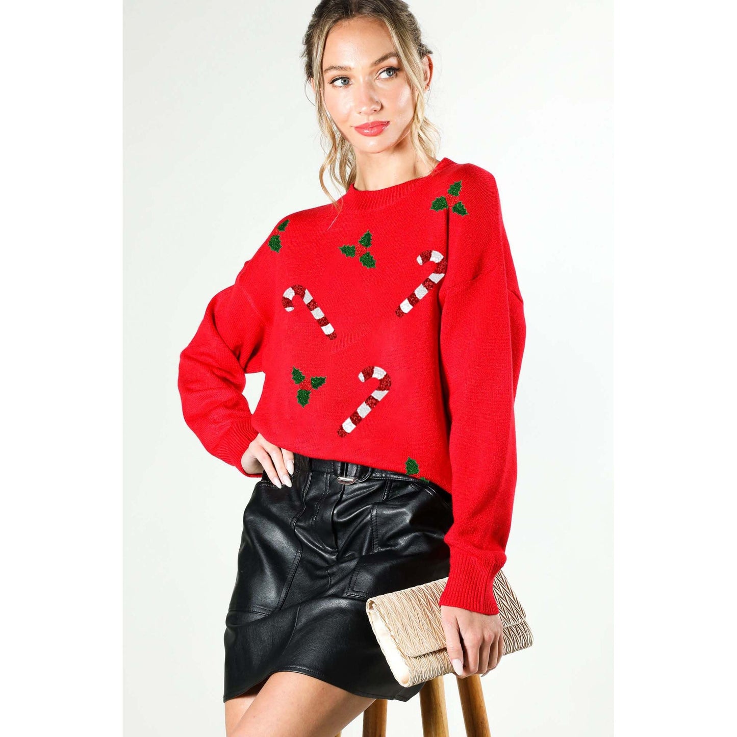 Red Christmas Candy Cane Sequin Detail Sweater