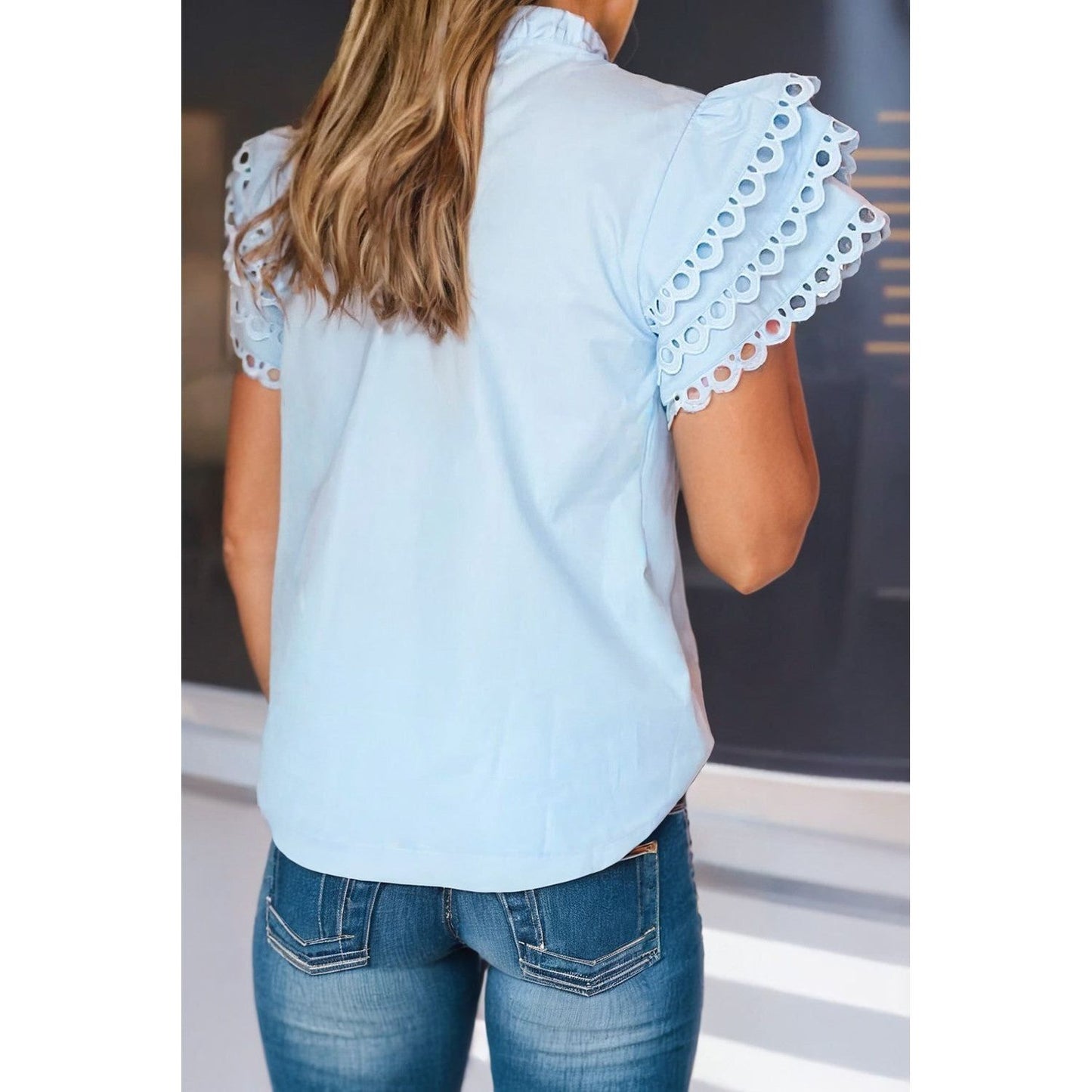 Blue Eyelet Detail Frill Neck Layered Ruffled Cap Sleeve Top