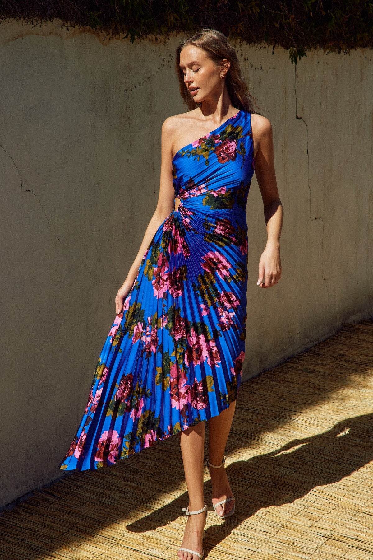 Modern Day Glam Printed One Shoulder Asymmetrical Maxi Dress