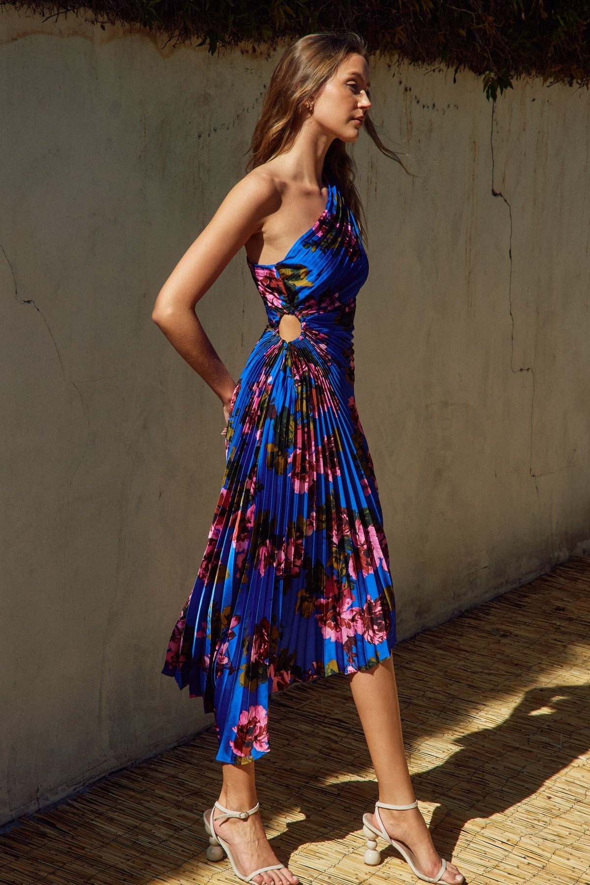 Modern Day Glam Printed One Shoulder Asymmetrical Maxi Dress