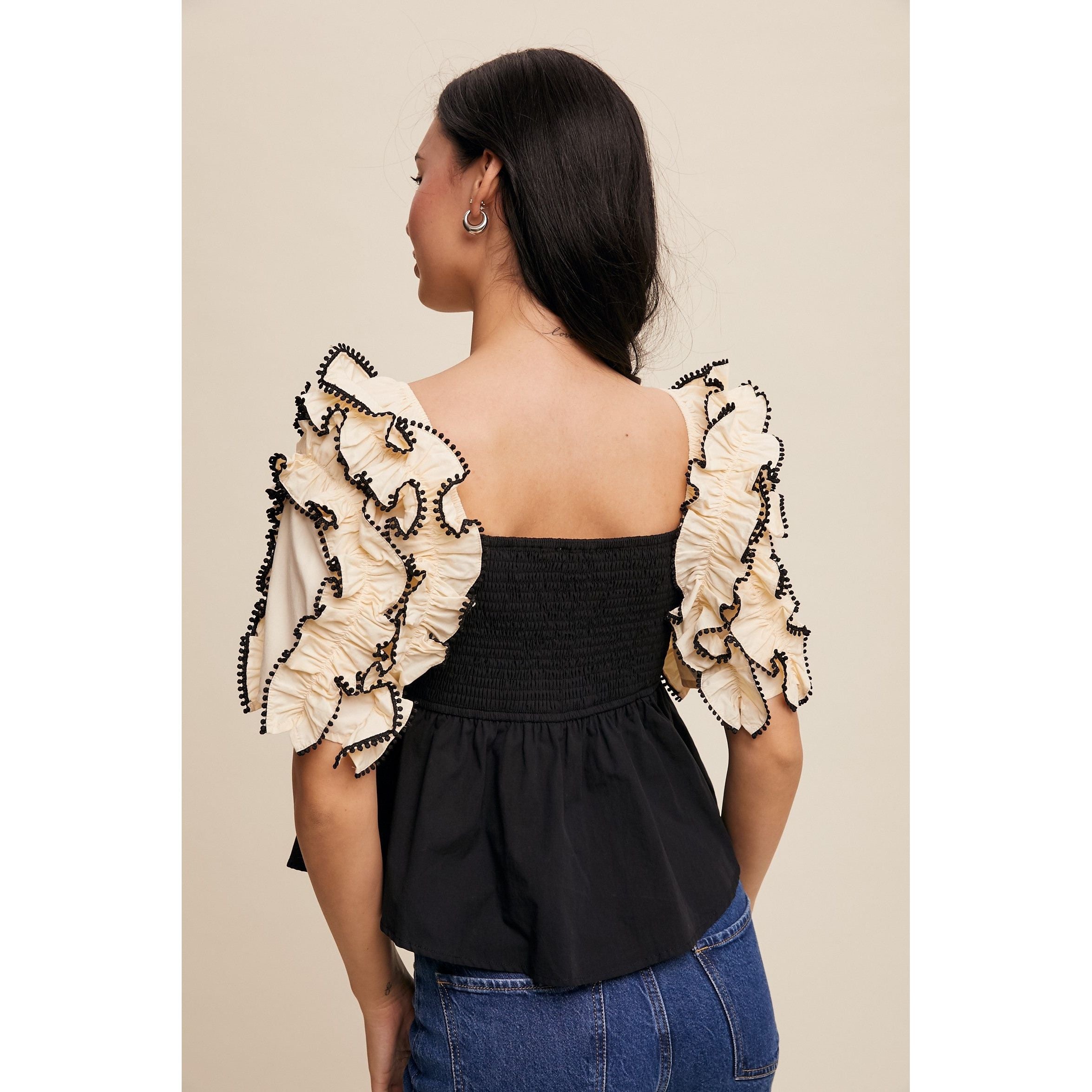 Cream/Black Color-block Ruffle Peplum Blouse