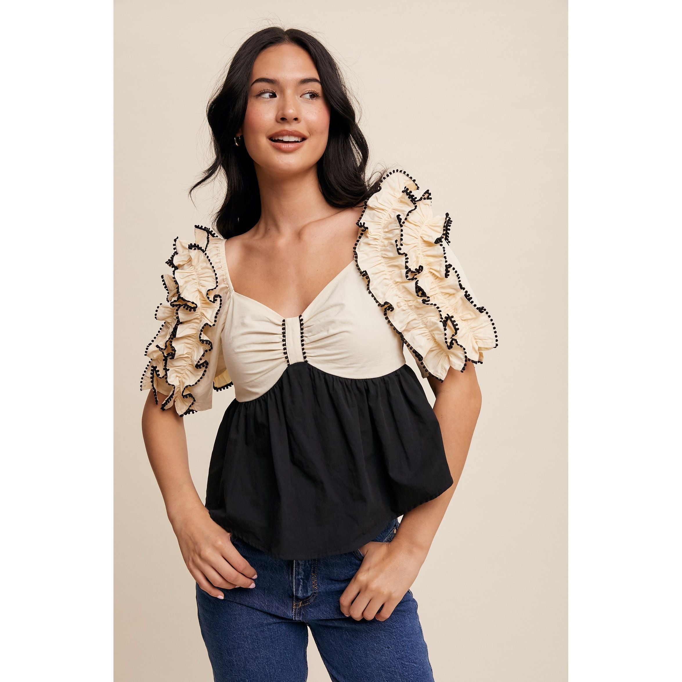 Cream/Black Color-block Ruffle Peplum Blouse