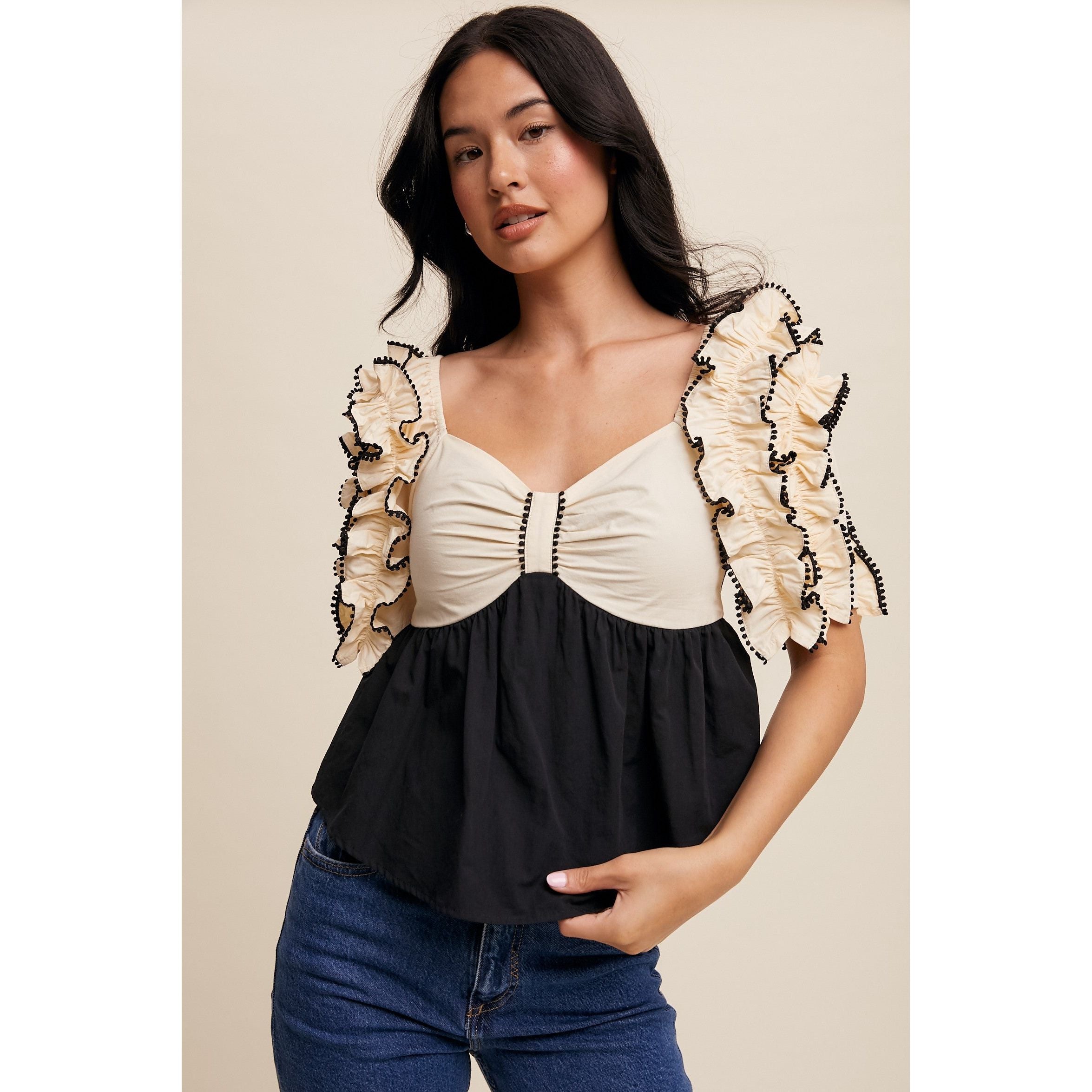 Cream/Black Color-block Ruffle Peplum Blouse