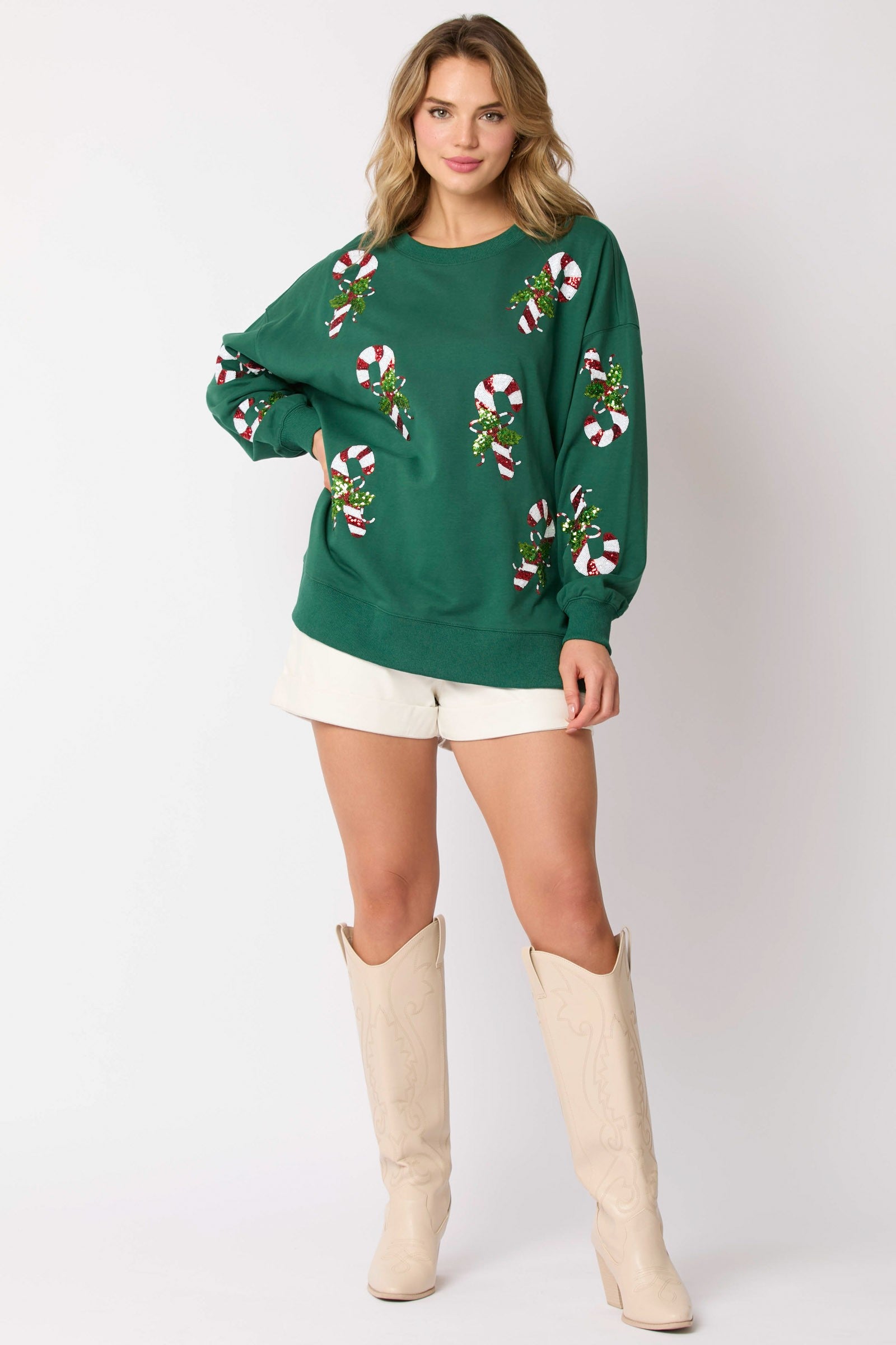 Sequin Candy Cane Round Neck Long Sleeve Pullover Sweatshirt