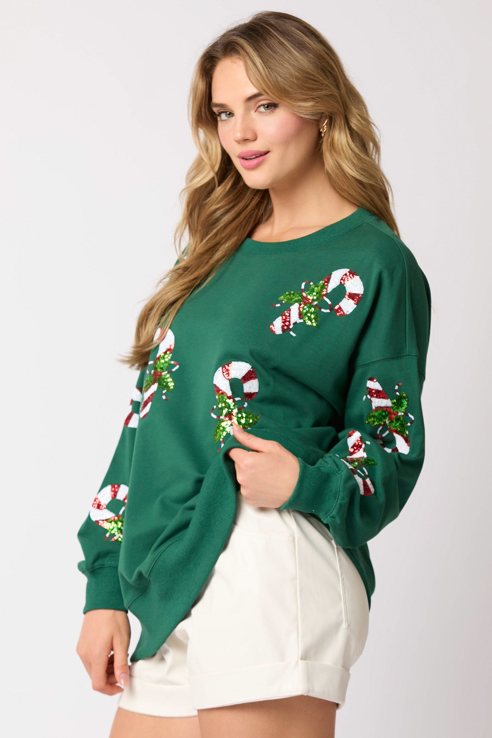 Sequin Candy Cane Round Neck Long Sleeve Pullover Sweatshirt