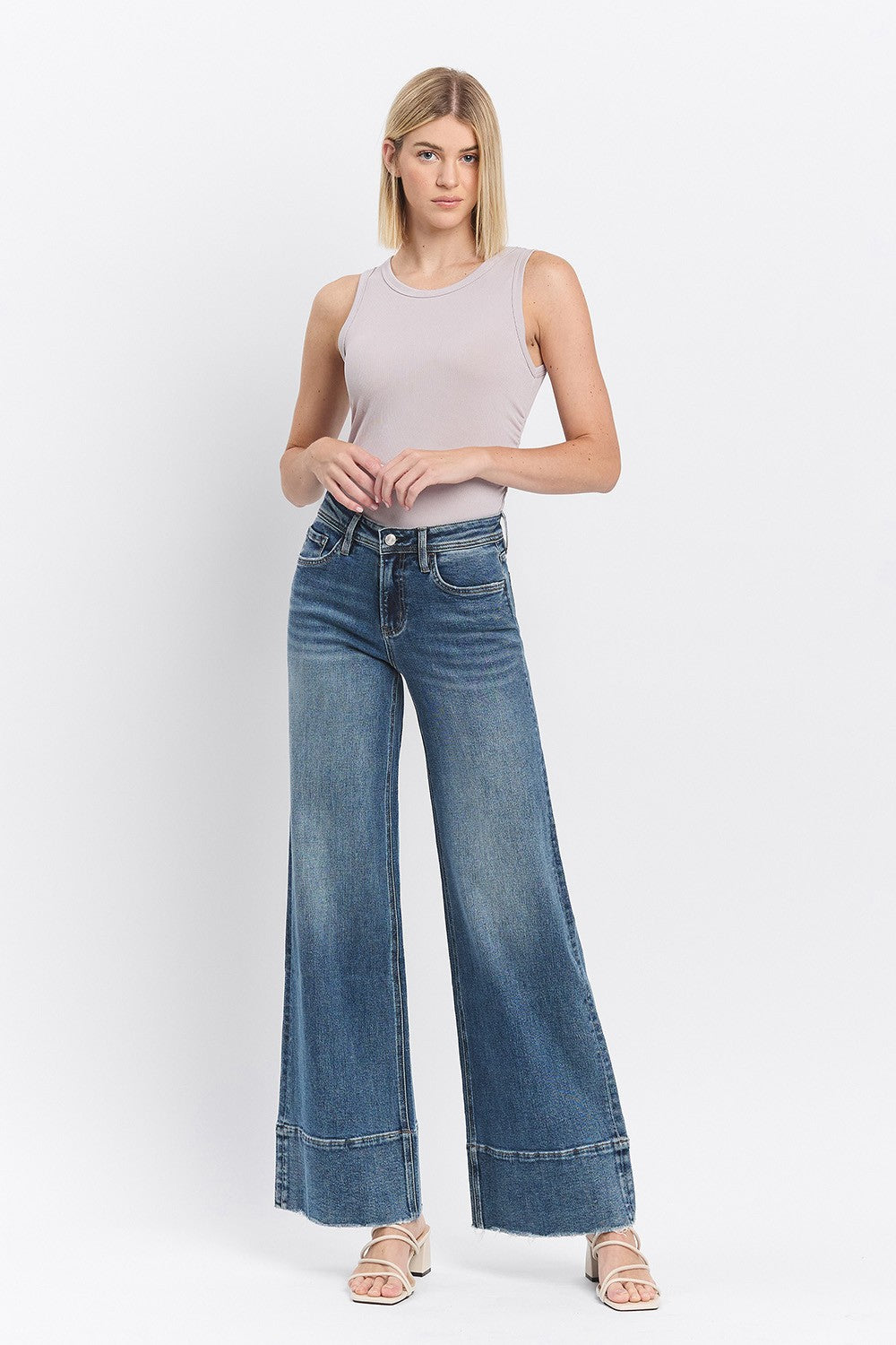 HIGH RISE CLEAN CUT RAW HEM WIDE JEANS