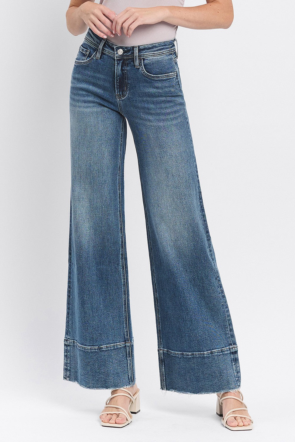 HIGH RISE CLEAN CUT RAW HEM WIDE JEANS