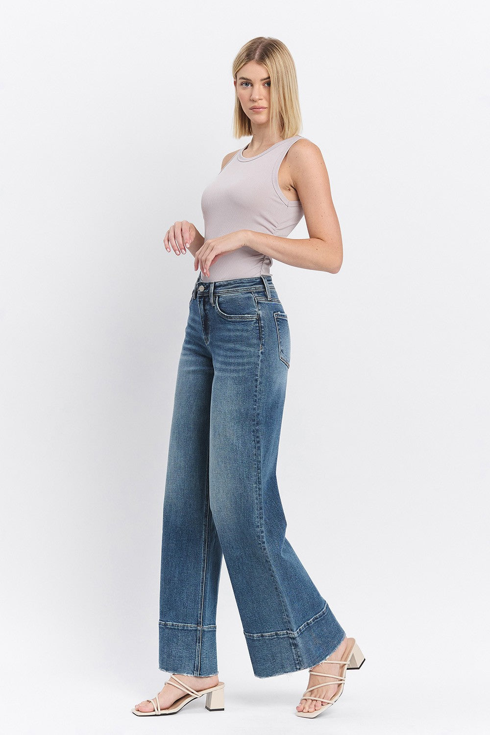 HIGH RISE CLEAN CUT RAW HEM WIDE JEANS