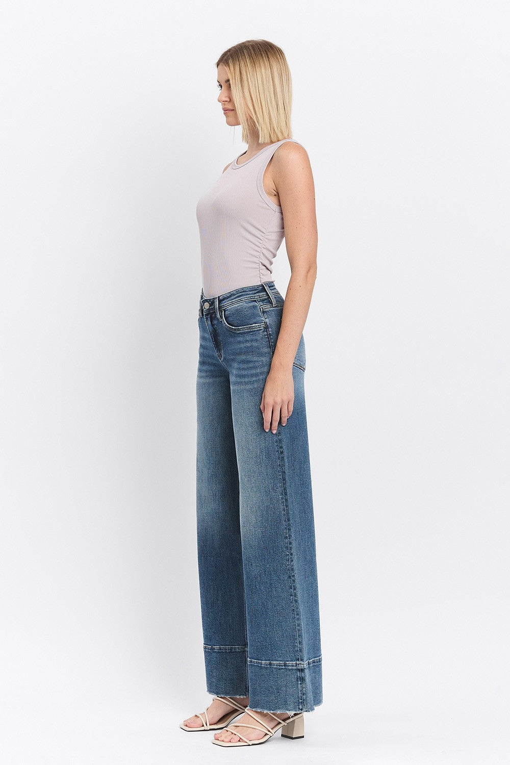 HIGH RISE CLEAN CUT RAW HEM WIDE JEANS