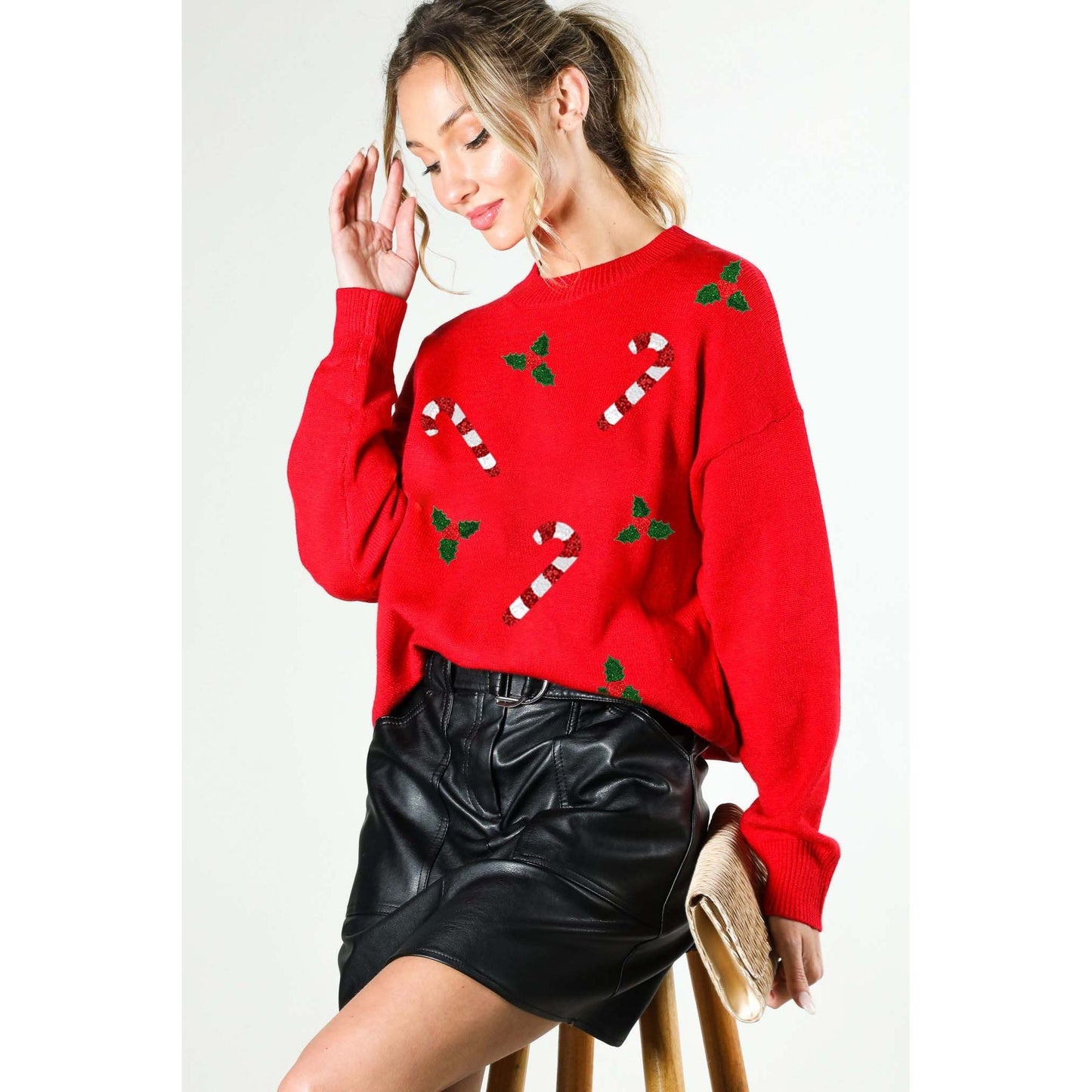 Red Christmas Candy Cane Sequin Detail Sweater