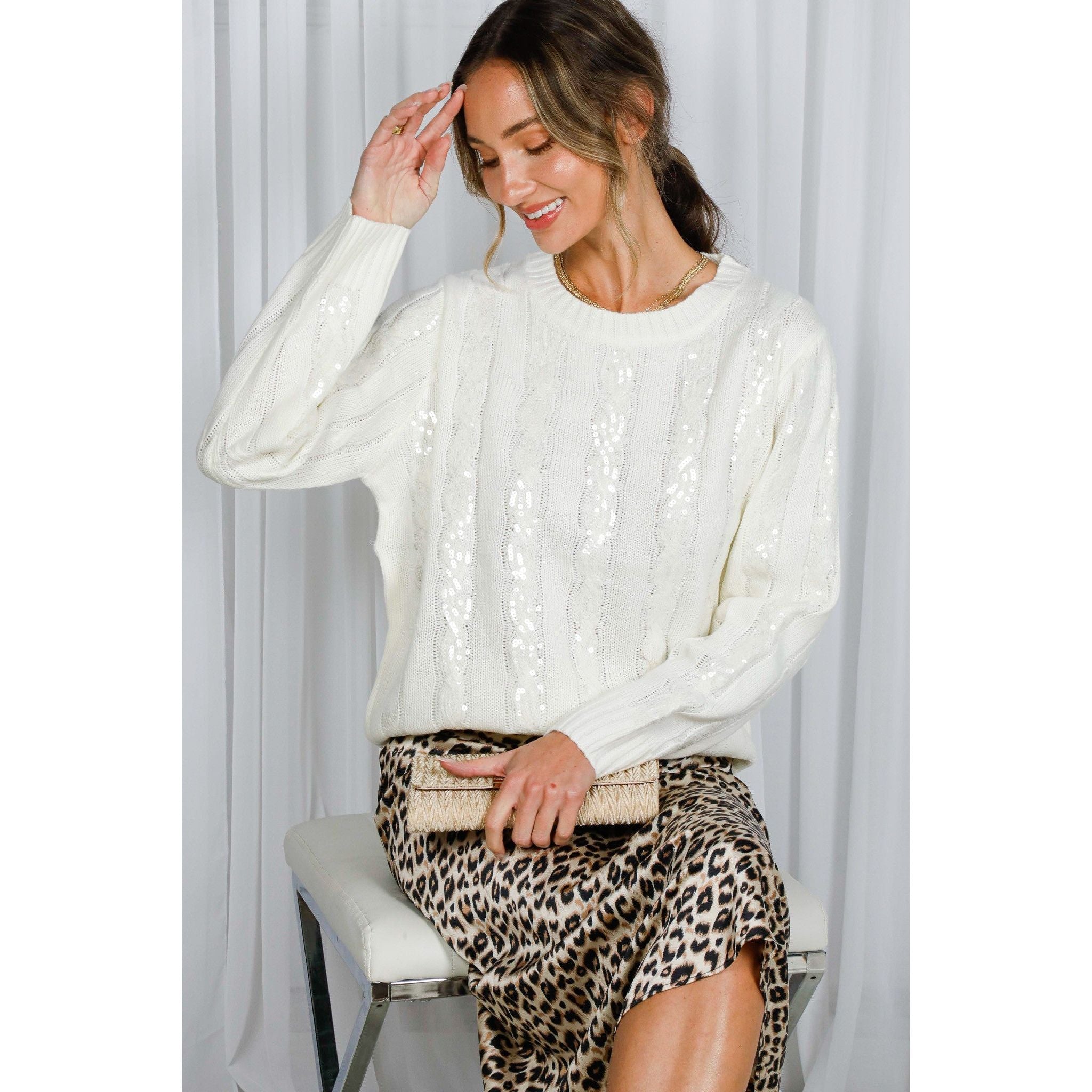 Ivory Cable Knit Sequin Pullover Sweater