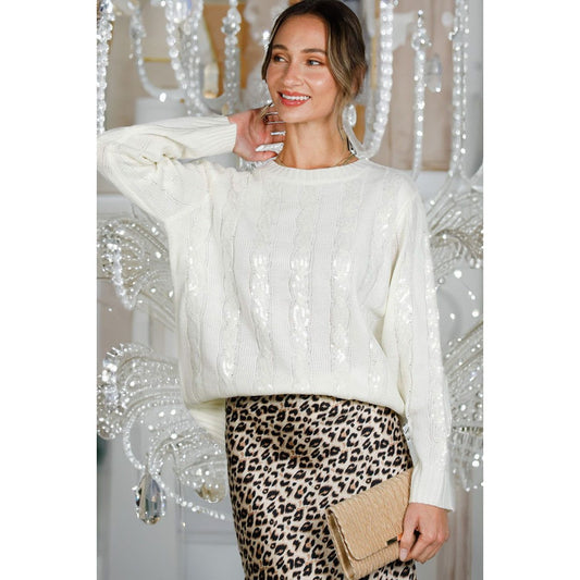 Ivory Cable Knit Sequin Pullover Sweater