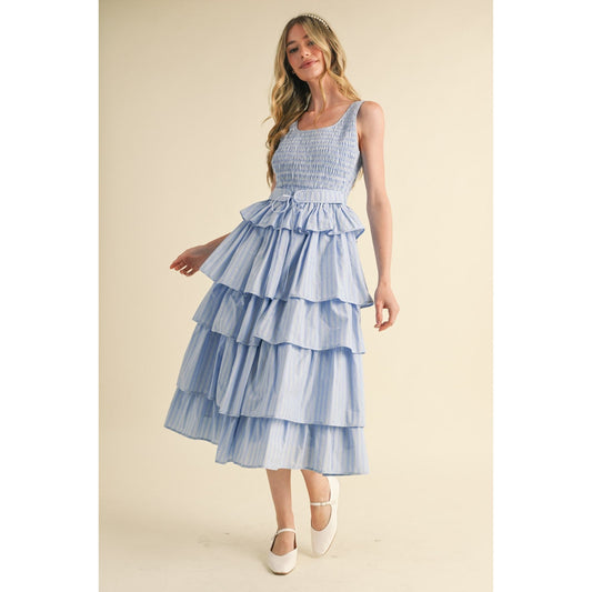 Multi Striped Tiered Ruffle Midi Dress