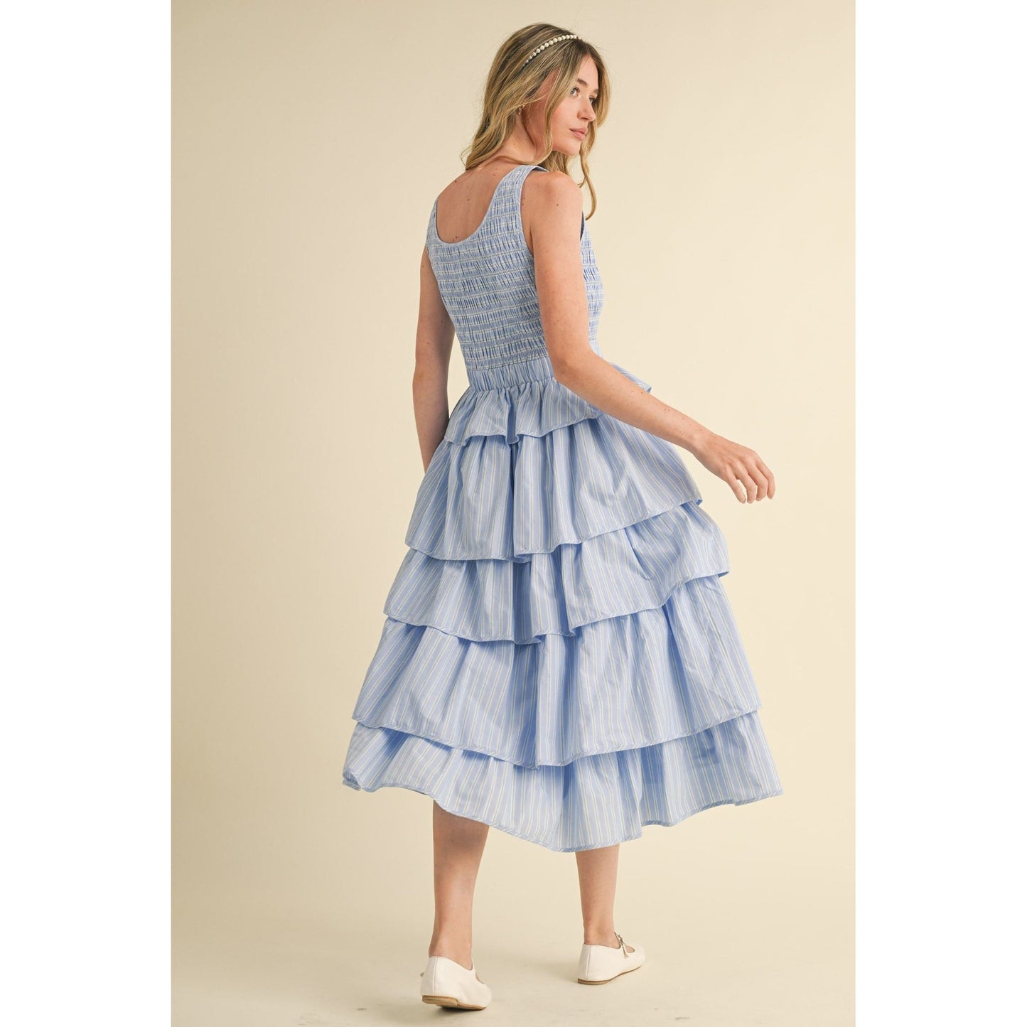 Multi Striped Tiered Ruffle Midi Dress