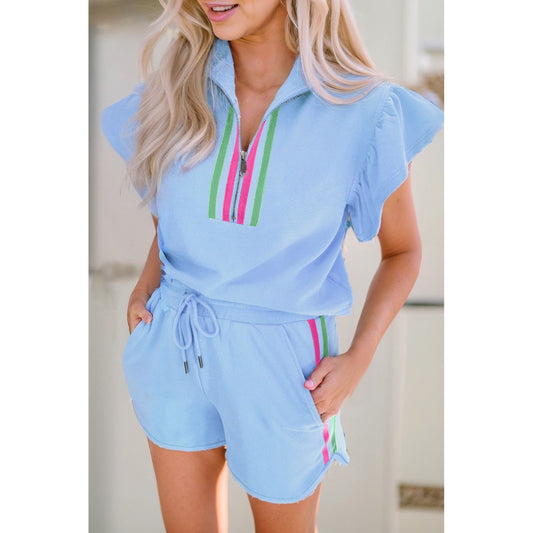 Flutter Sleeve Banded Trim Ribbed Short Set