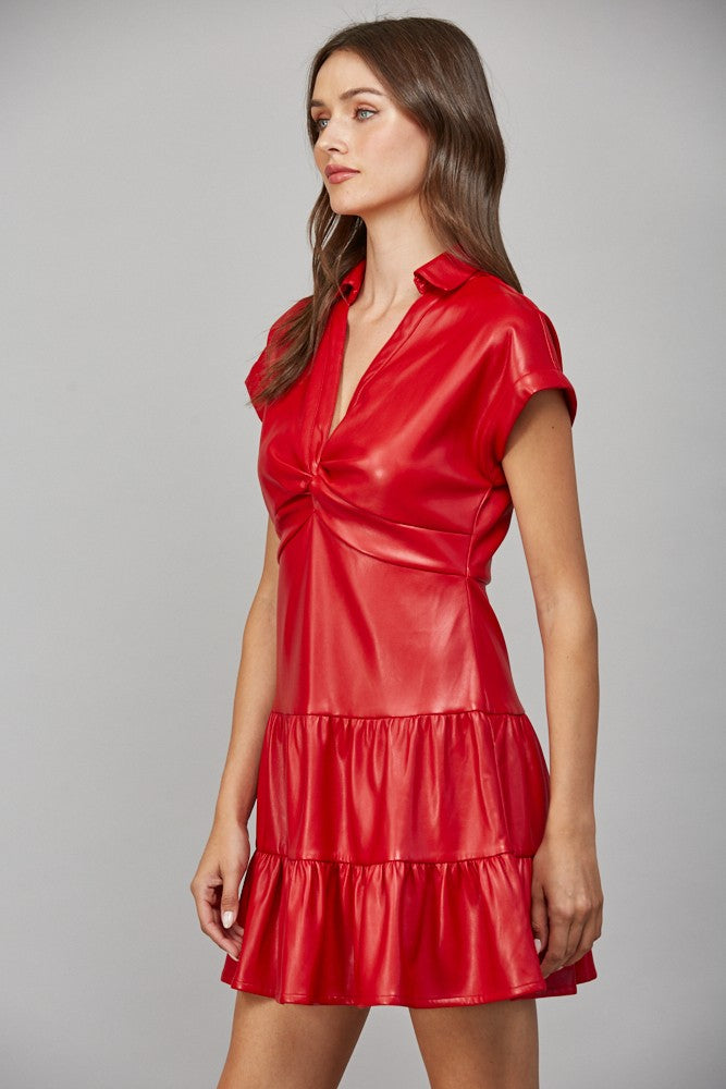 Faux Leather Twist Mini Pinch Dress