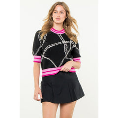 White Smoke Black Chain Print Sweater Black & Pink