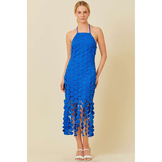 Blue Circle Fringe Crochet Midi Dress