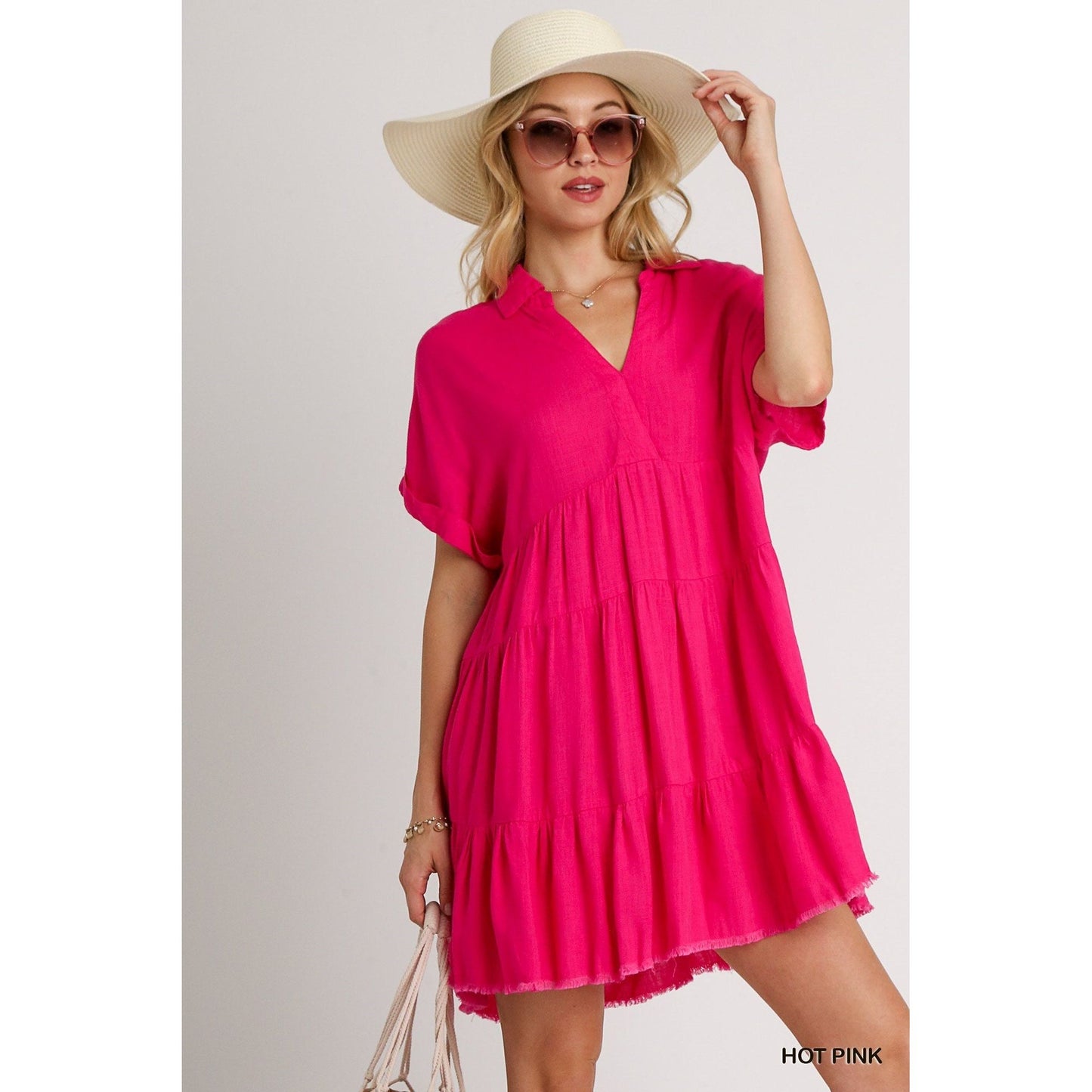 Hot Pink V Neck Collared Tiered Frayed Hem Short Sleeve Dress