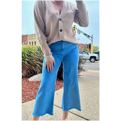 Gray High Waist Straight Acid Wash Frayed Bootcut Jeans, Ocean Blue
