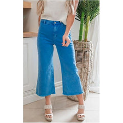 Lavender High Waist Straight Acid Wash Frayed Bootcut Jeans, Ocean Blue