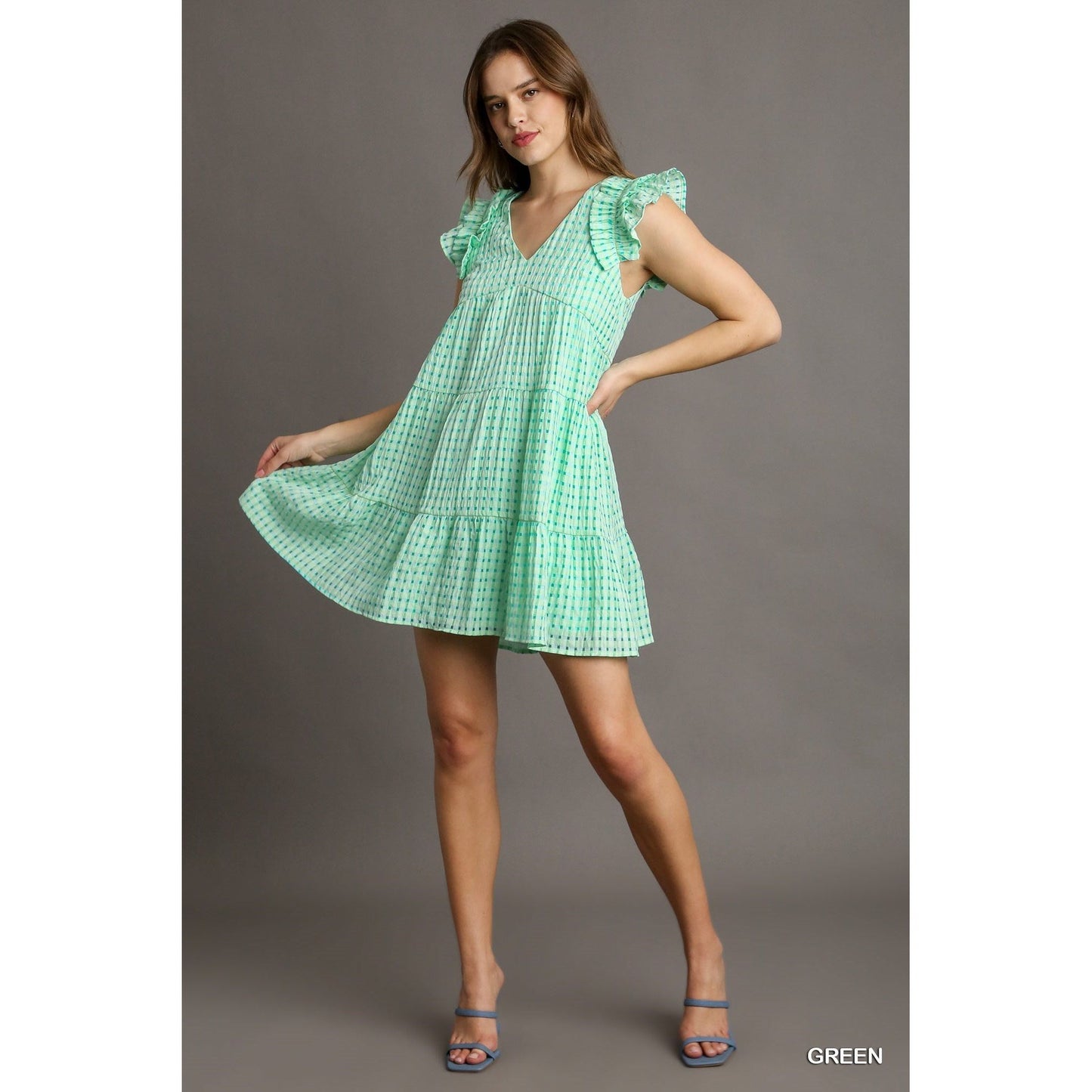 Mint Green Gingham V-Neck Tiered Flutter Sleeve Dress