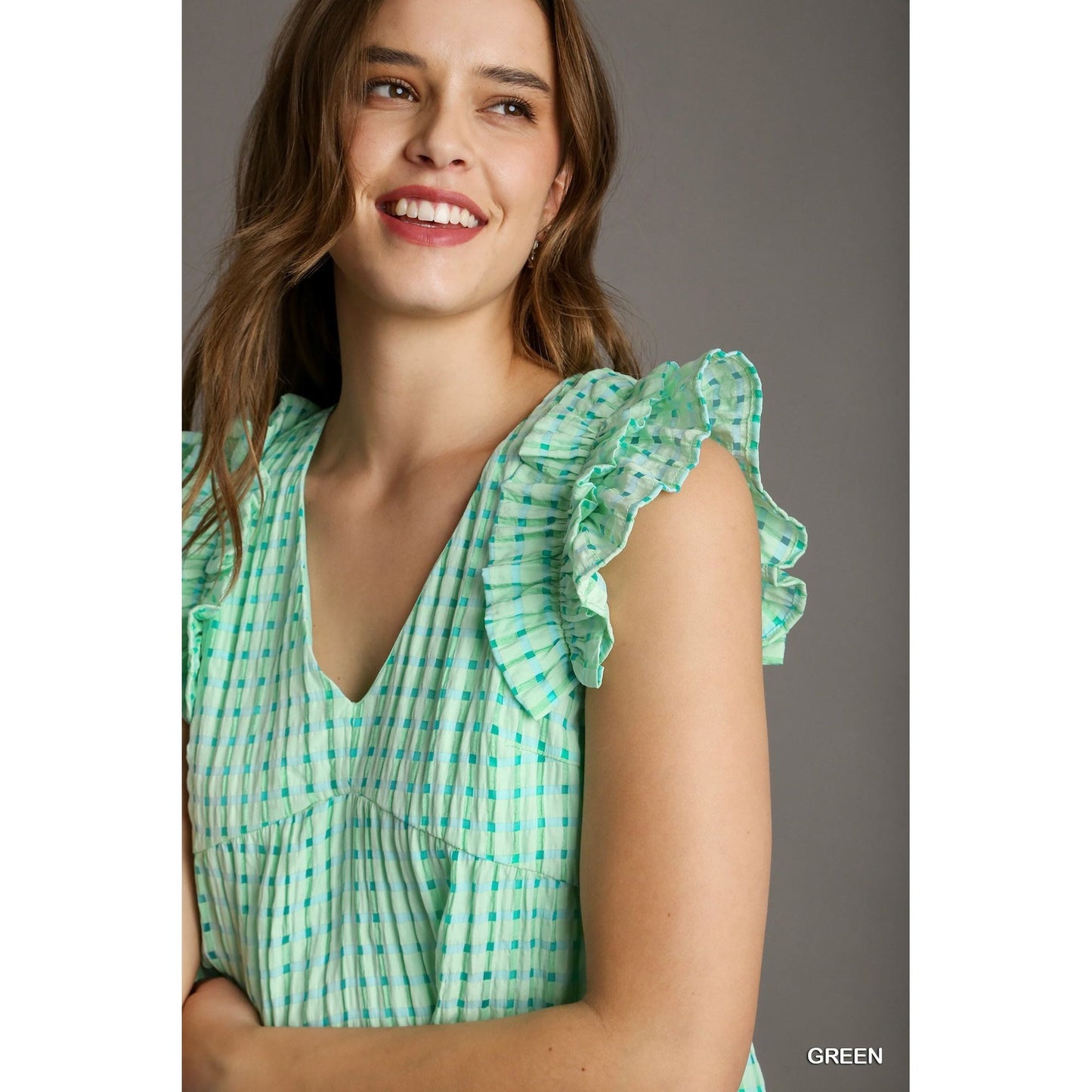 Mint Green Gingham V-Neck Tiered Flutter Sleeve Dress