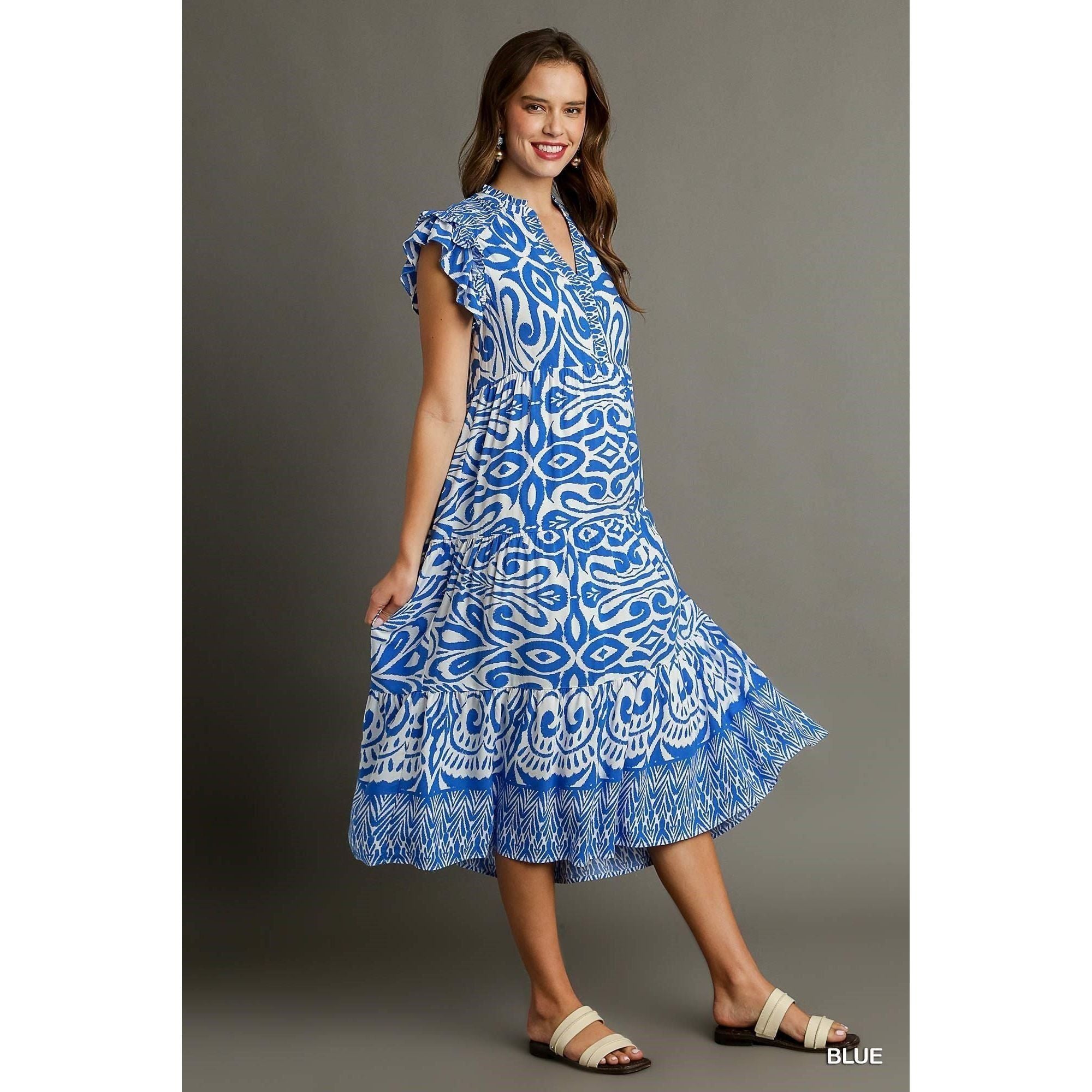 Umgee Tiered Midi Dress with Ruffled Sleeves- Blue/White