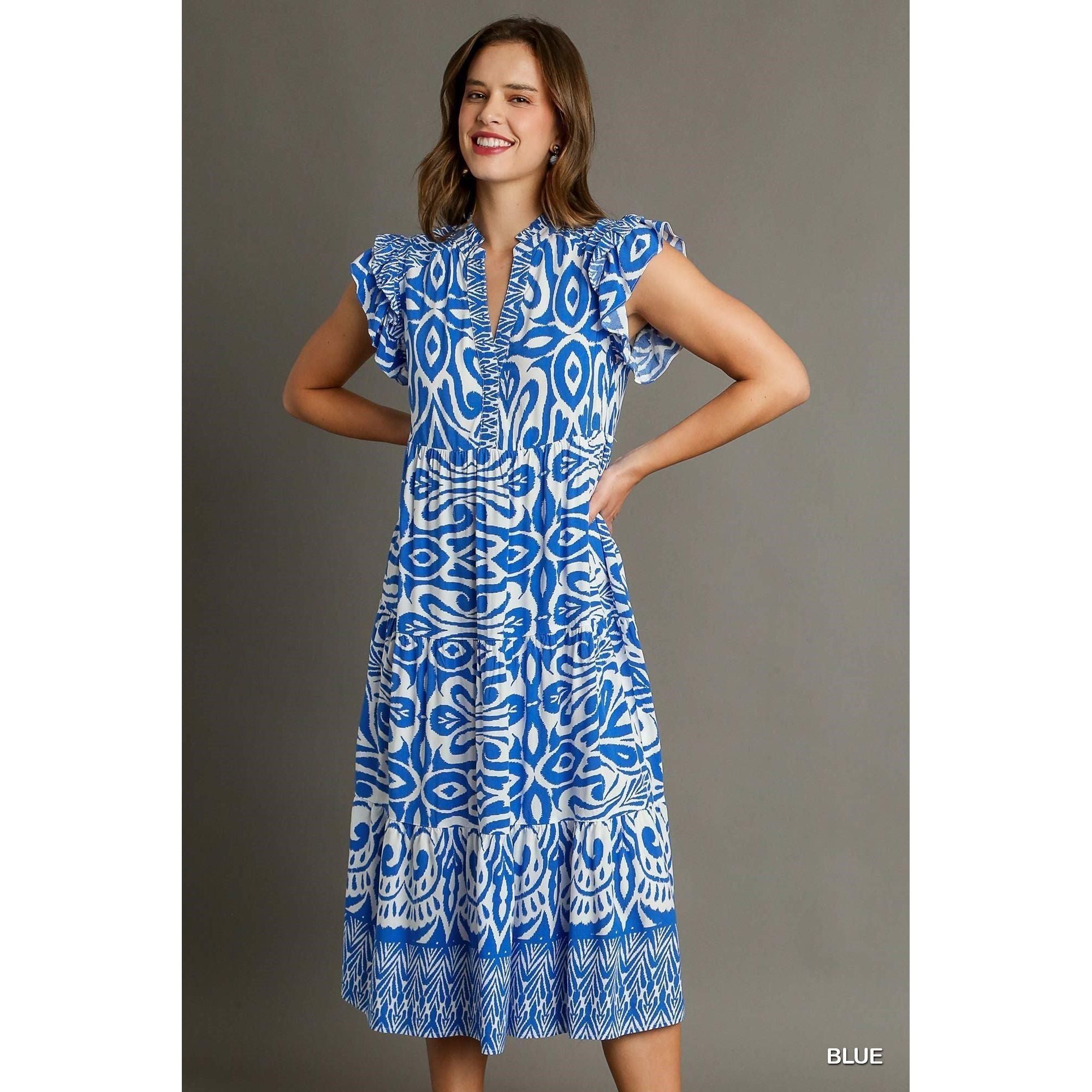 Umgee Tiered Midi Dress with Ruffled Sleeves- Blue/White