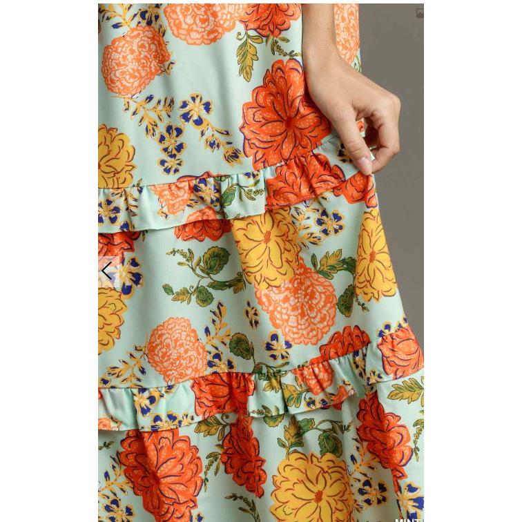 V-Neck Floral Print Split Neck Flutter Sleeve Tiered Maxi Dress- MINT