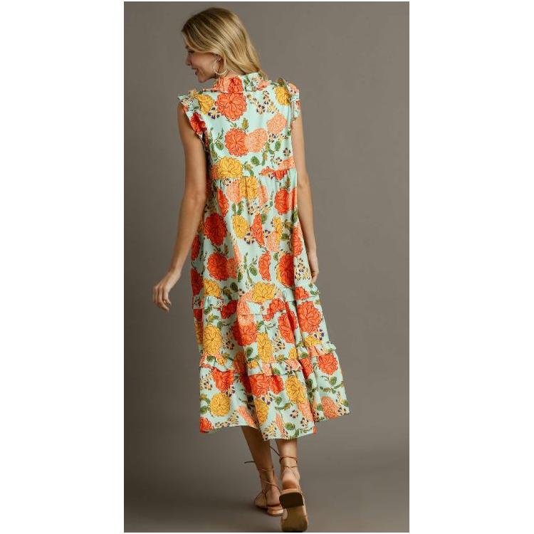 V-Neck Floral Print Split Neck Flutter Sleeve Tiered Maxi Dress- MINT