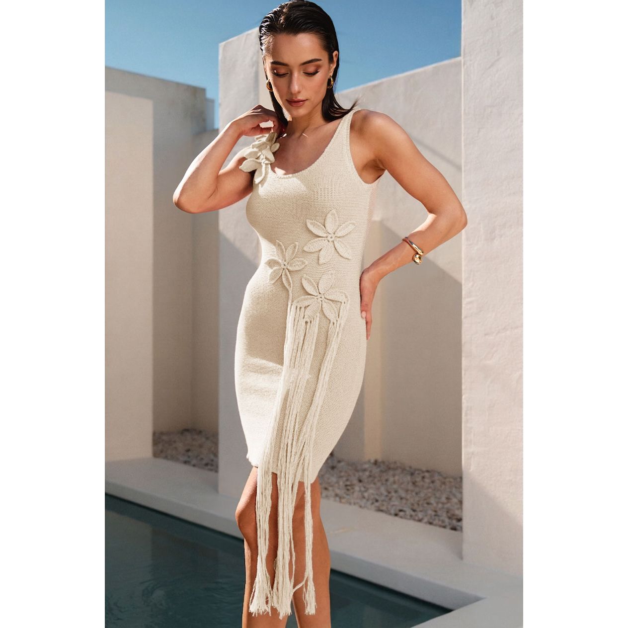 Beige 3D Floral Mini Dress
