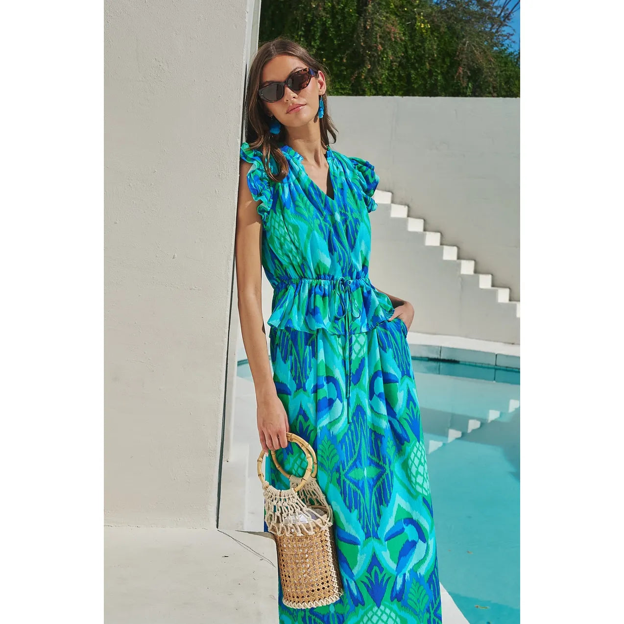 Blissy Tropical Astra Ruffle Maxi Dress