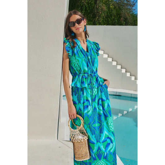 Blissy Tropical Astra Ruffle Maxi Dress