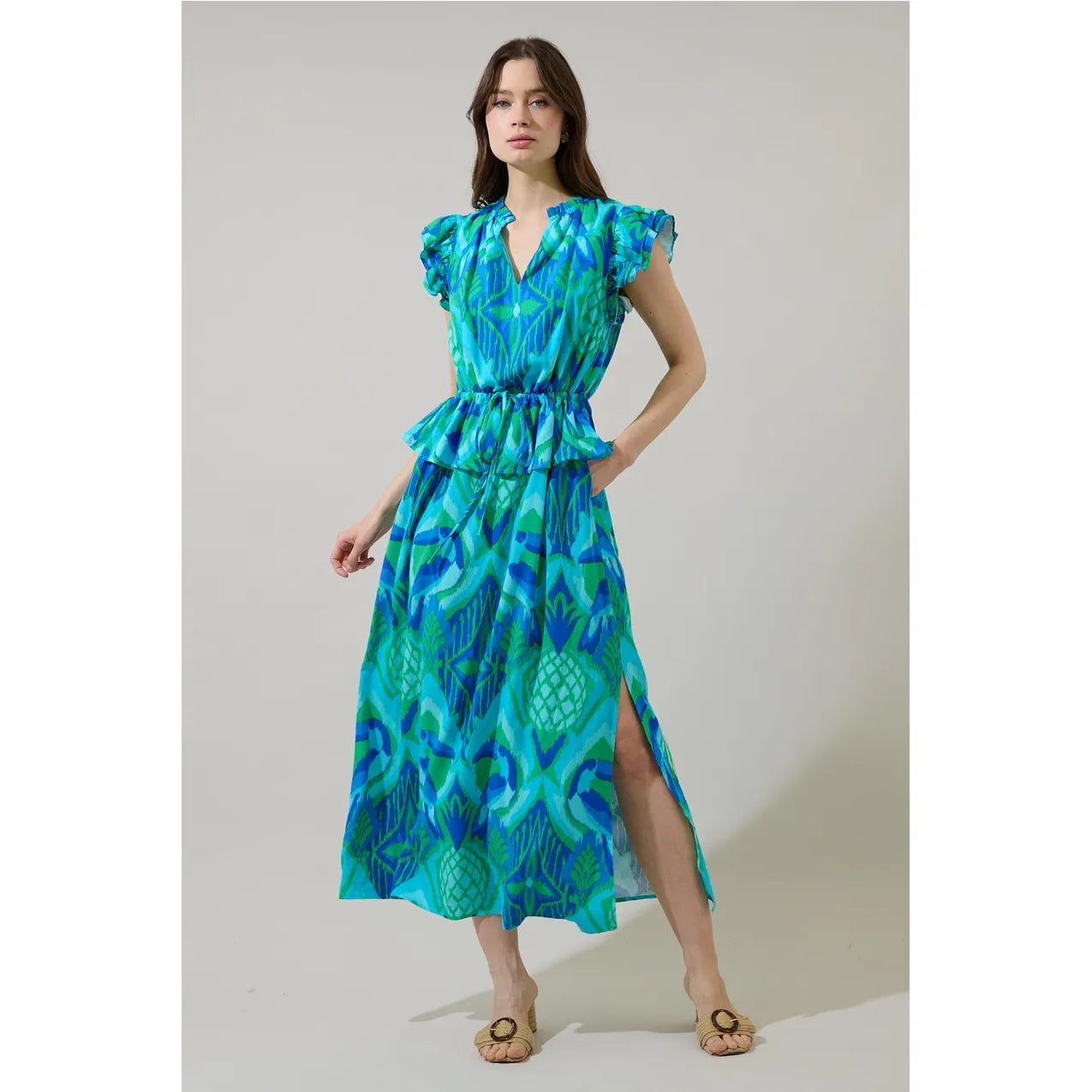 Blissy Tropical Astra Ruffle Maxi Dress