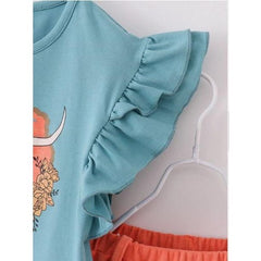 Sky Blue Longhorn Moon Fringe Suede Short Sets