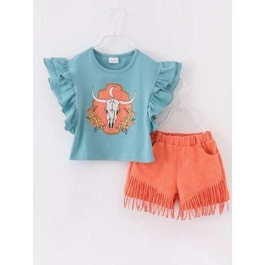 Lavender Longhorn Moon Fringe Suede Short Sets