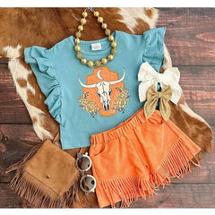 Rosy Brown Longhorn Moon Fringe Suede Short Sets