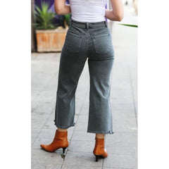 Gray High Waist Straight Acid Wash Frayed Cutoff High Waist Jeans