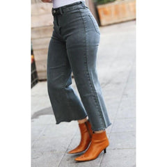 Light Gray High Waist Straight Acid Wash Frayed Cutoff High Waist Jeans