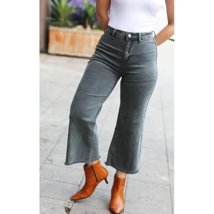 Light Gray High Waist Straight Acid Wash Frayed Cutoff High Waist Jeans